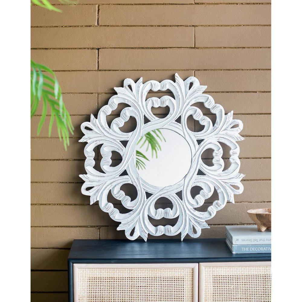 24" White Floral Scrollwork Distressed Round Framed Accent Mirror