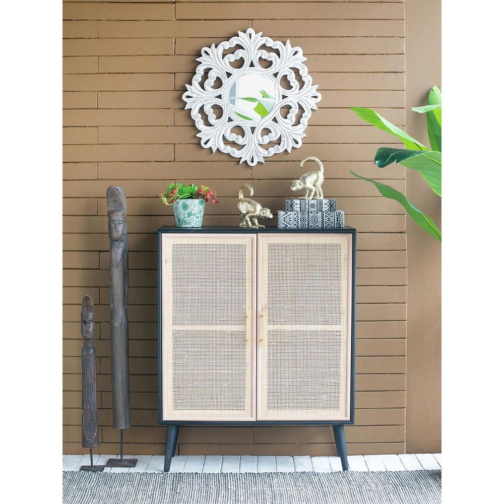 24" White Floral Scrollwork Distressed Round Framed Accent Mirror