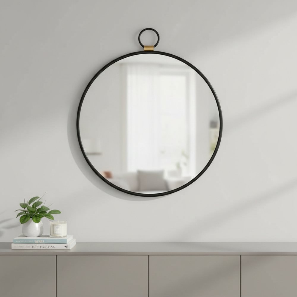 28" Black Round Iron Framed Accent Mirror