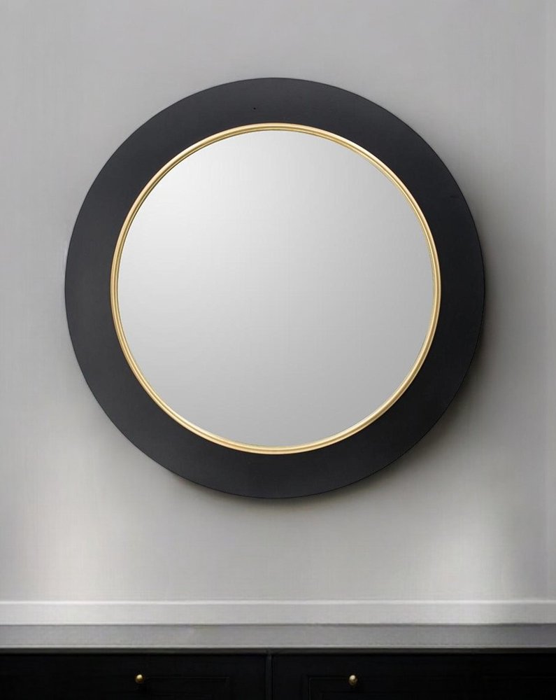 32" Black And Gold Lighted Round Metal Framed Accent Mirror
