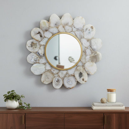 30" White And Gold Scalloped Stone Framed Accent Mirror