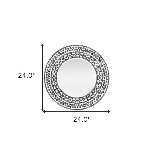 24" Black And White Round Wood And Shell Framed Accent Mirror