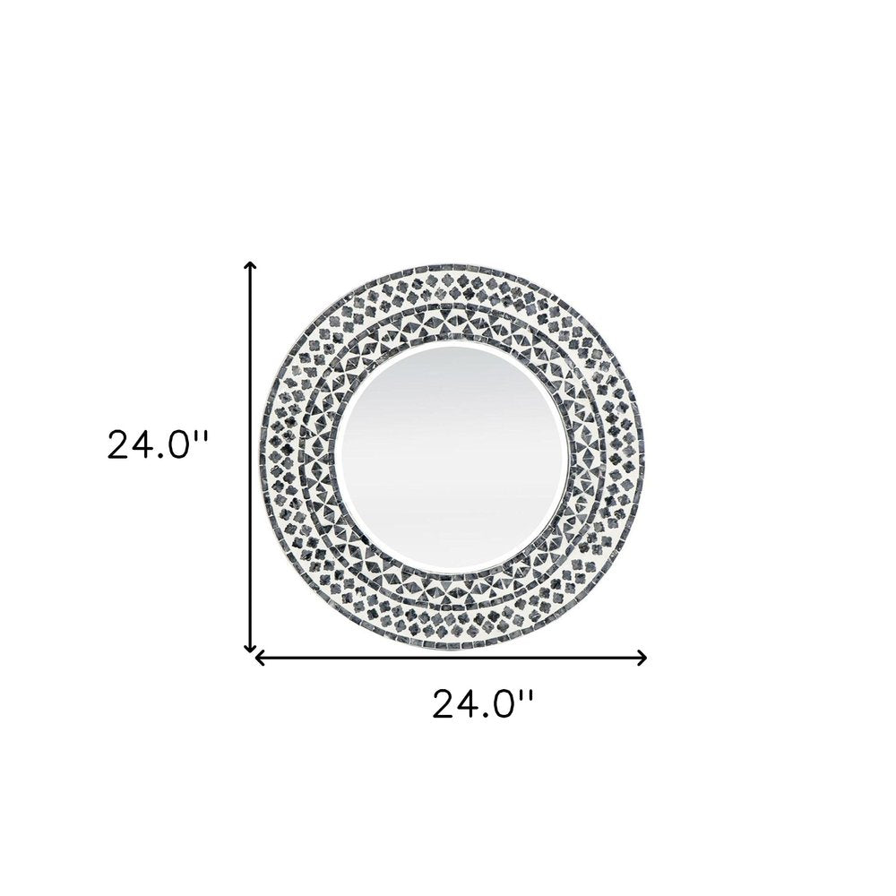 24" Black And White Round Wood And Shell Framed Accent Mirror