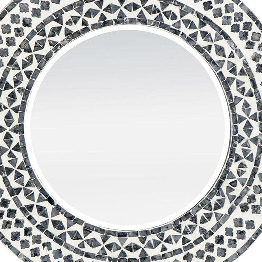 24" Black And White Round Wood And Shell Framed Accent Mirror
