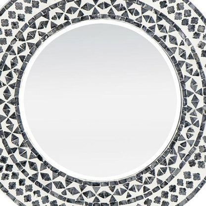 24" Black And White Round Wood And Shell Framed Accent Mirror
