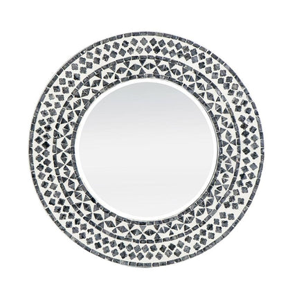 24" Black And White Round Wood And Shell Framed Accent Mirror
