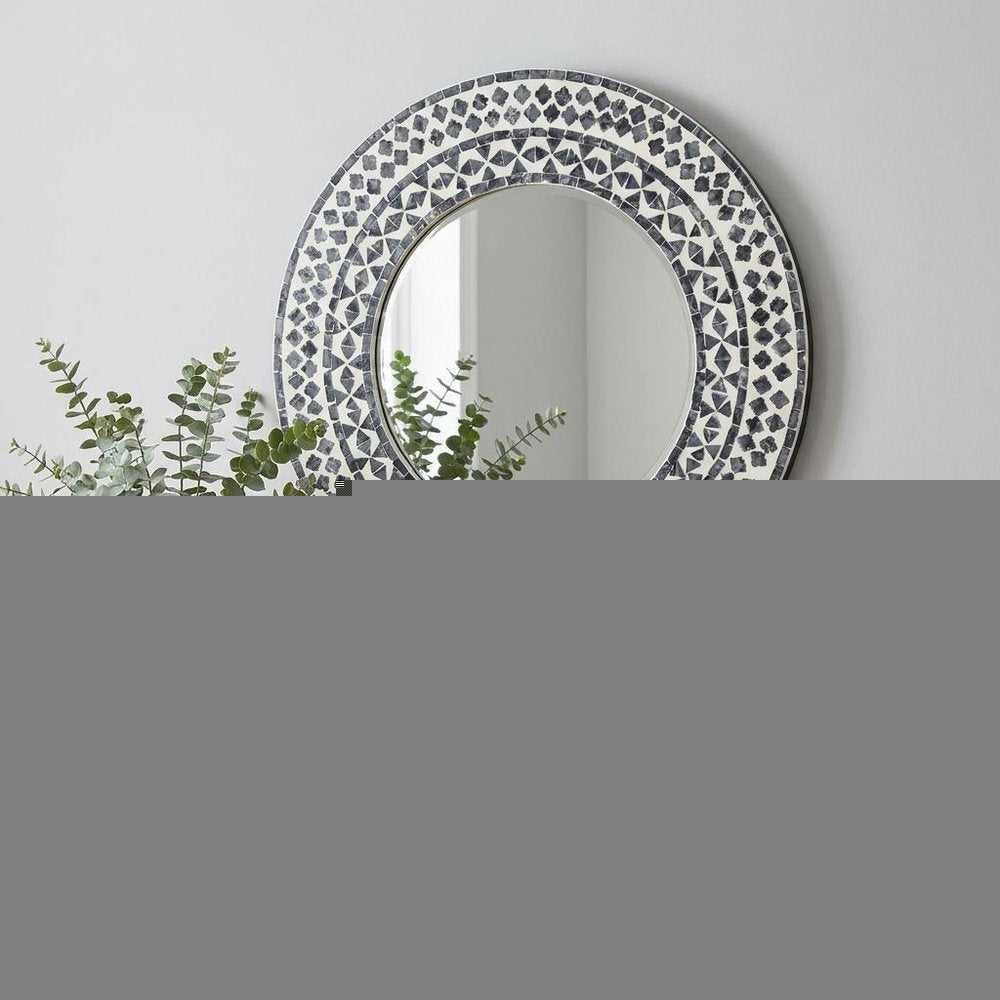 24" Black And White Round Wood And Shell Framed Accent Mirror