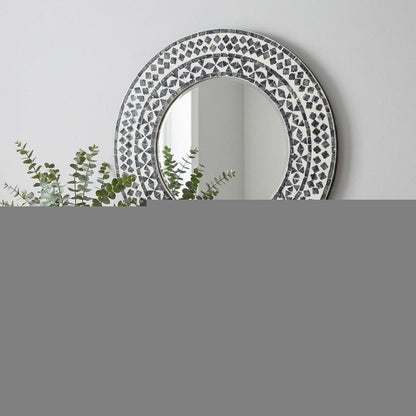 24" Black And White Round Wood And Shell Framed Accent Mirror