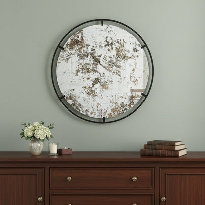 32" Black Round Iron Framed Accent Mirror