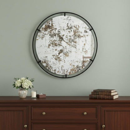 32" Black Round Iron Framed Accent Mirror