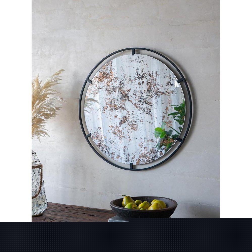 32" Black Round Iron Framed Accent Mirror