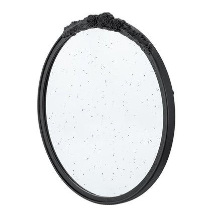 30" Black Crowned Top Antiqued Glass Round Framed Accent Mirror