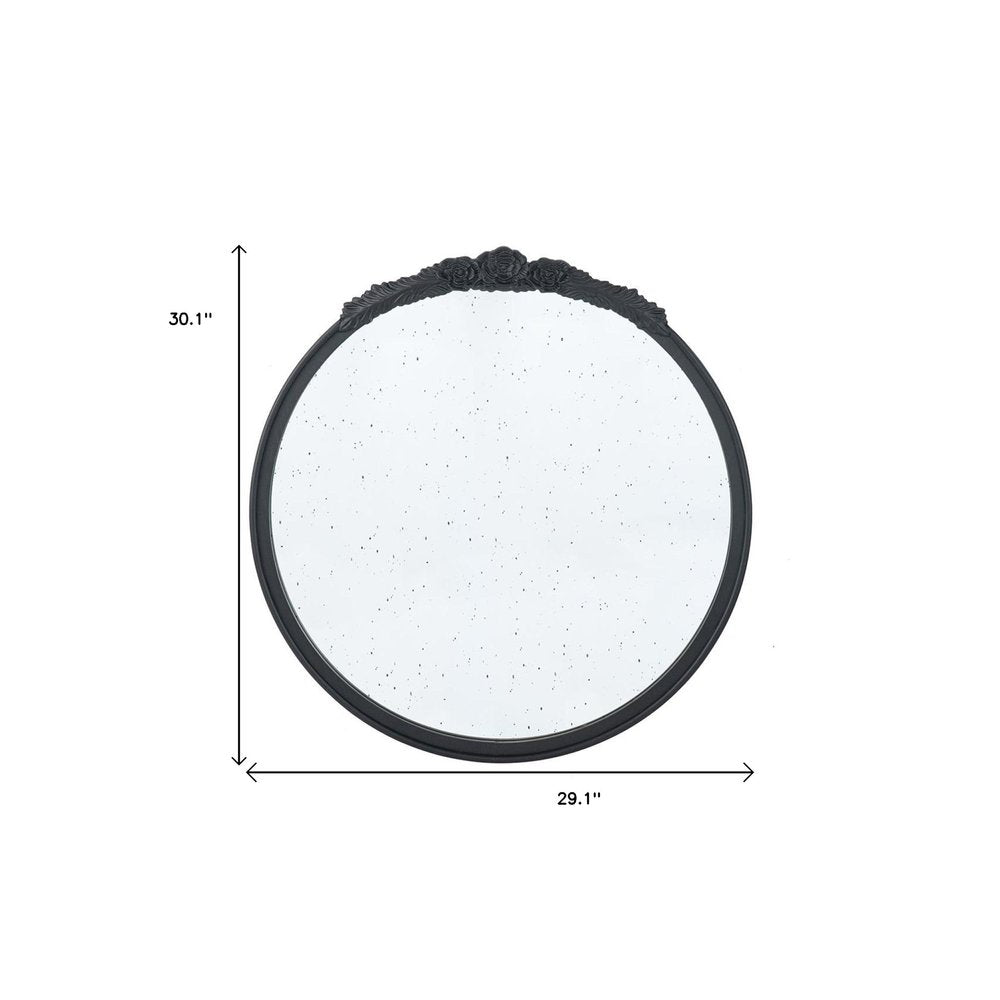 30" Black Crowned Top Antiqued Glass Round Framed Accent Mirror