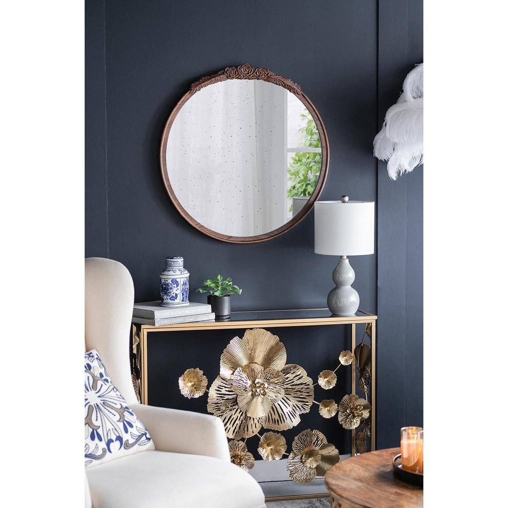 30" Brown Crowned Top Antiqued Glass Framed Accent Mirror
