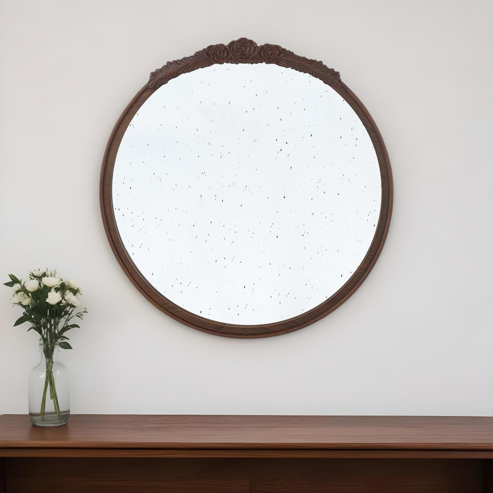 30" Brown Crowned Top Antiqued Glass Framed Accent Mirror