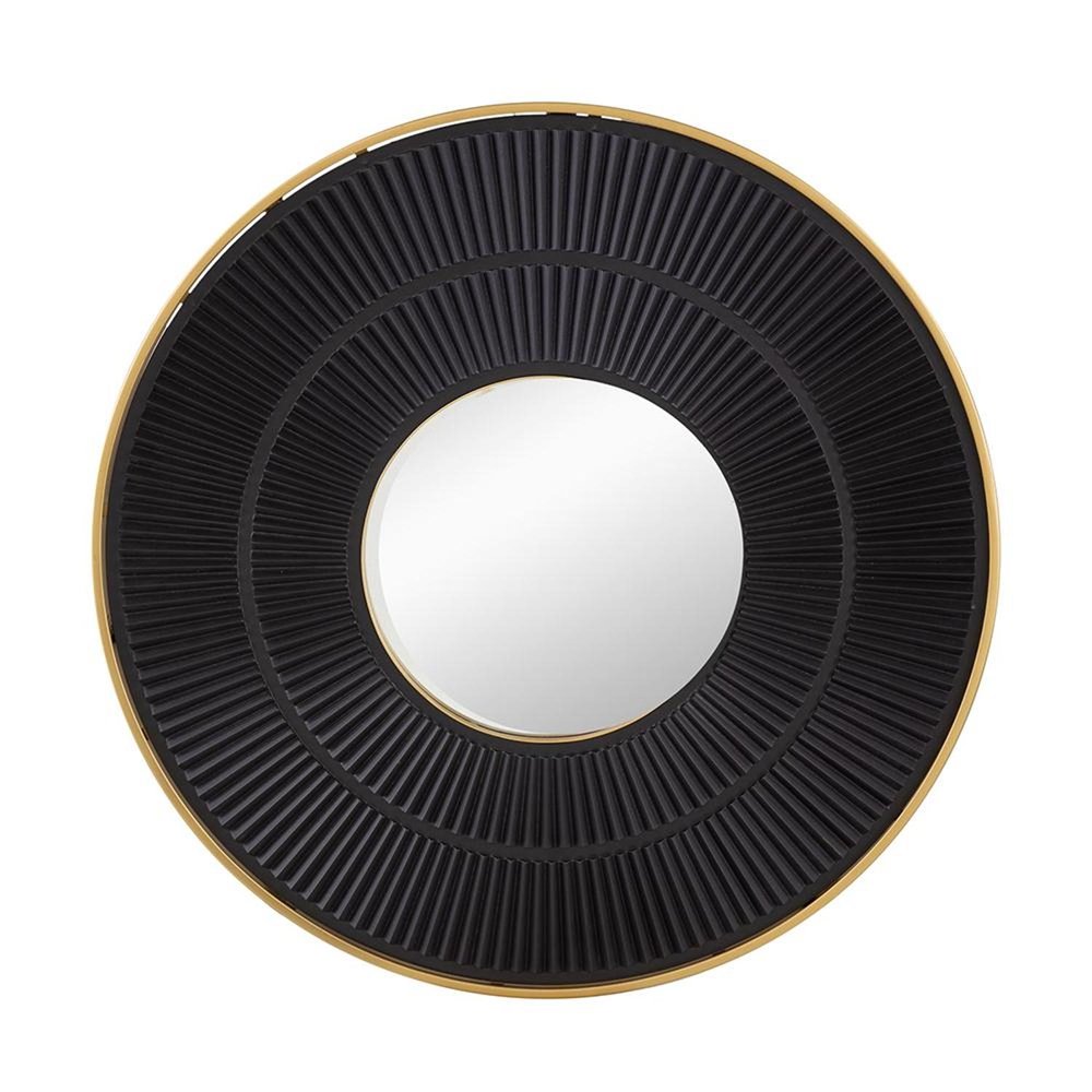 32" Black And Gold Round Wood And Metal Framed Accent Mirror