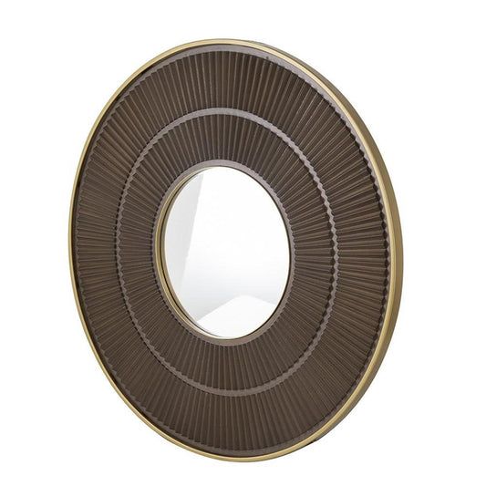 32" Brown And Gold Round Wood And Metal Framed Accent Mirror