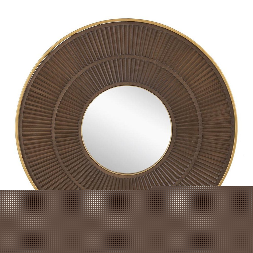 32" Brown And Gold Round Wood And Metal Framed Accent Mirror