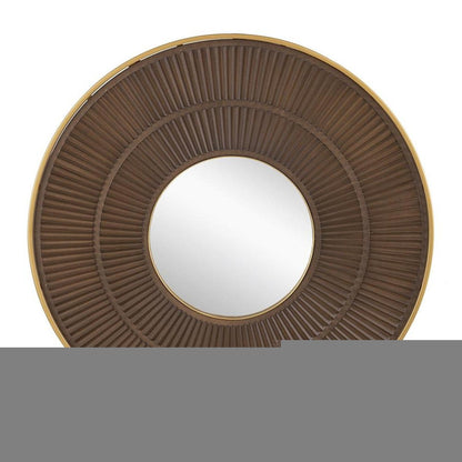 32" Brown And Gold Round Wood And Metal Framed Accent Mirror