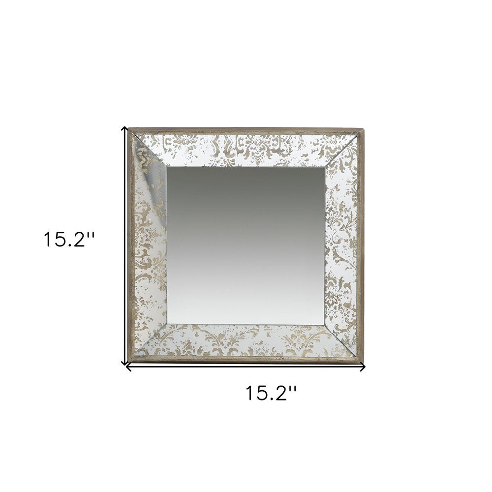 15" Brown Square Framed Antiqued Damask Accent Mirror