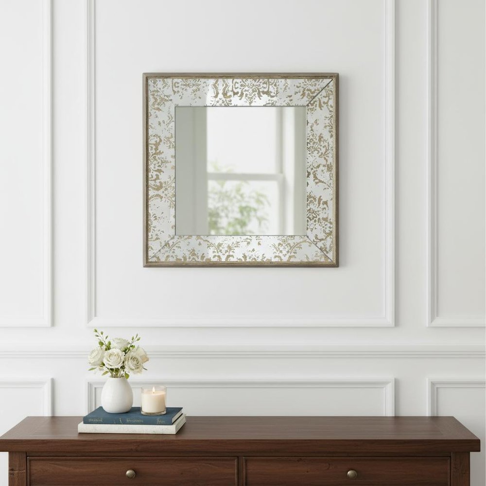 15" Brown Square Framed Antiqued Damask Accent Mirror