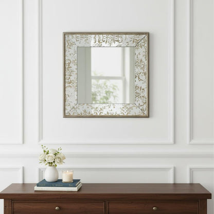 15" Brown Square Framed Antiqued Damask Accent Mirror