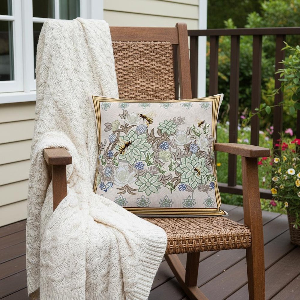 16x16 Green Brown Bee Blown Seam Broadcloth Animal Print Throw Pillow