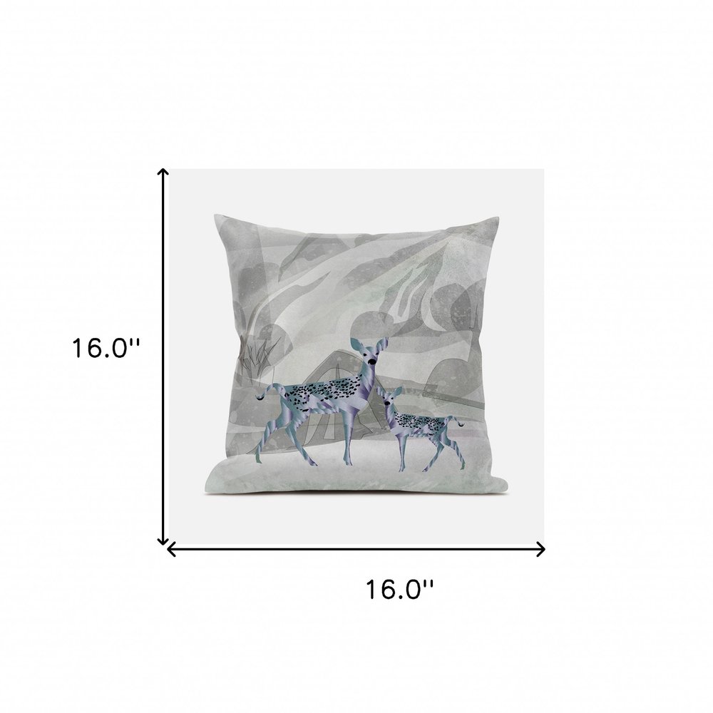 16x16 Gray Green Deer Blown Seam Broadcloth Animal Print Throw Pillow