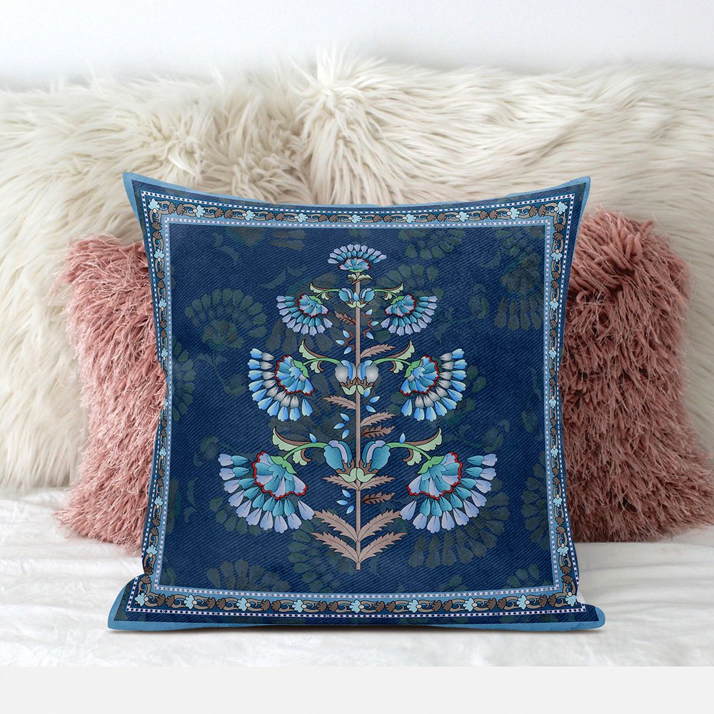 16x16 Blue Brown Blown Seam Broadcloth Floral Throw Pillow