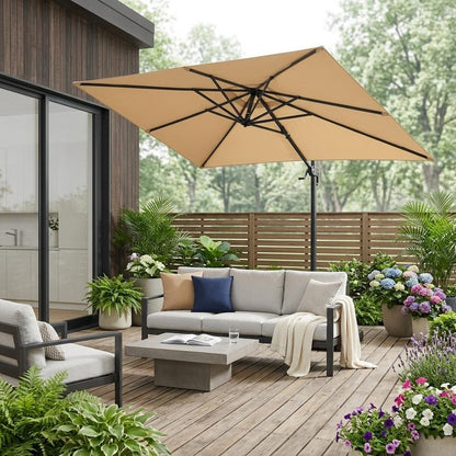 6" Tan Polyester Rectangular Tilt Market Patio Umbrella
