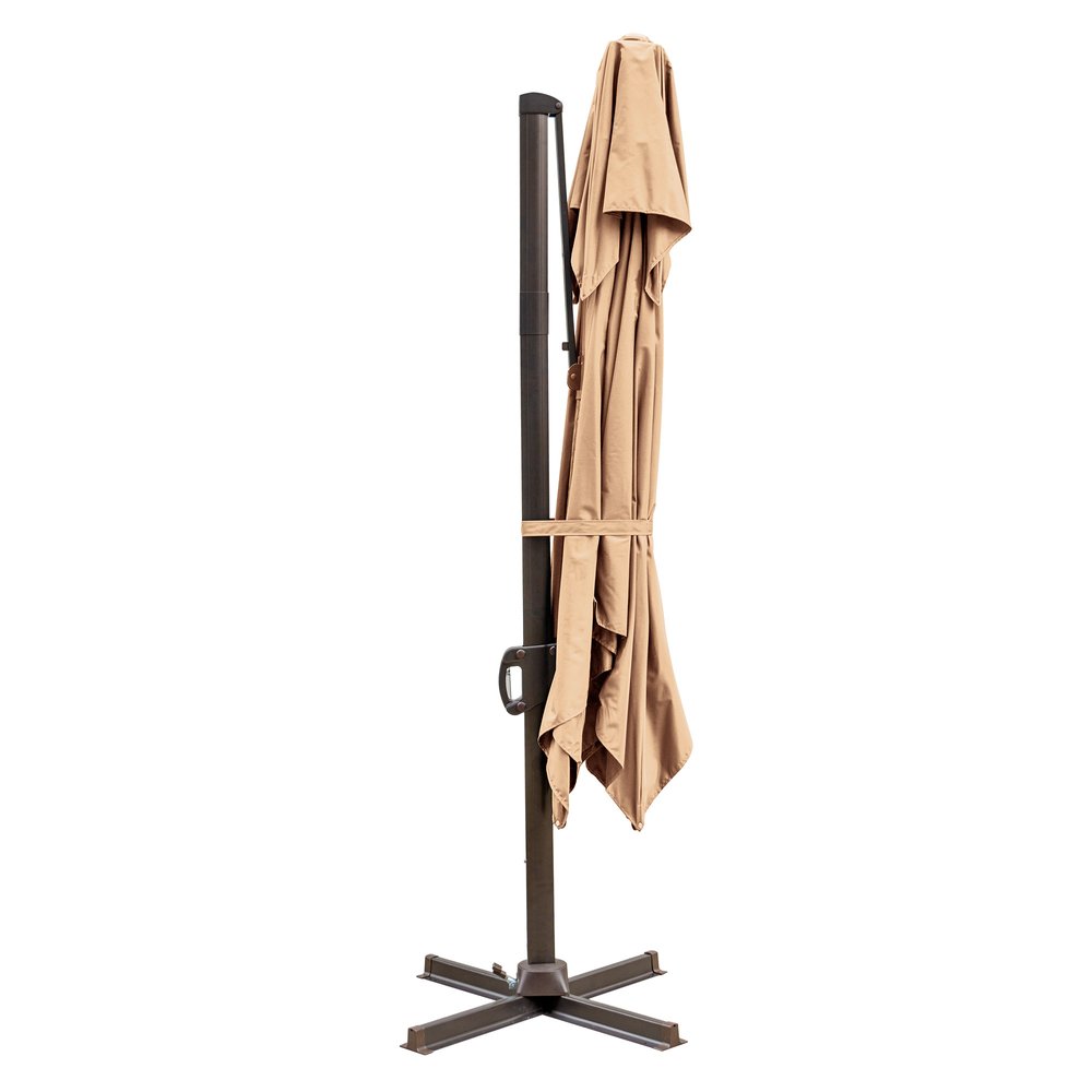 15" Tan Polyester Square Tilt Cantilever Patio Umbrella with Stand