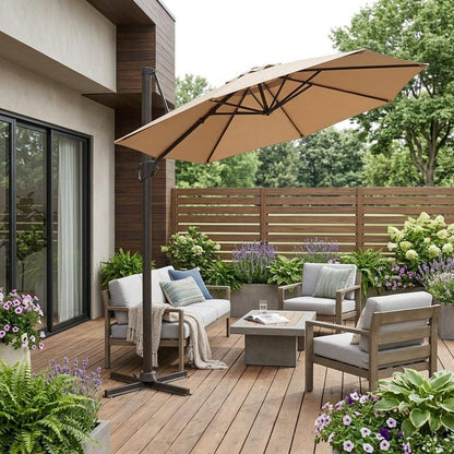 15" Tan Polyester Square Tilt Cantilever Patio Umbrella with Stand