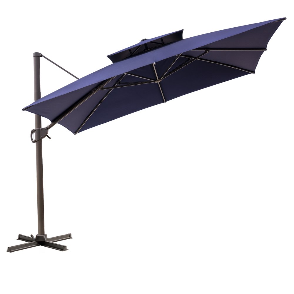 15" Navy Blue Polyester Round Tilt Cantilever Patio Umbrella with Stand
