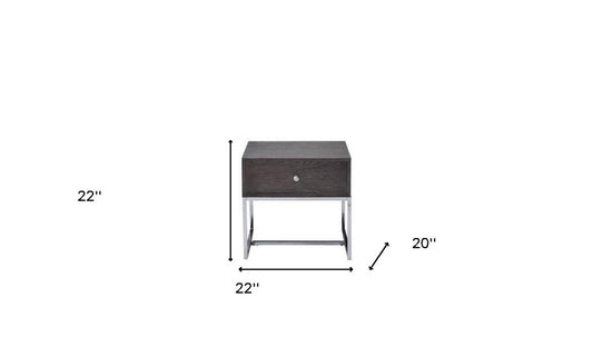 22" Chrome And Gray Oak Manufactured Wood Rectangular End Table With Drawer