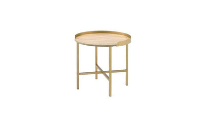 22" Oak And Gold Wood And Iron Round Sled End Table