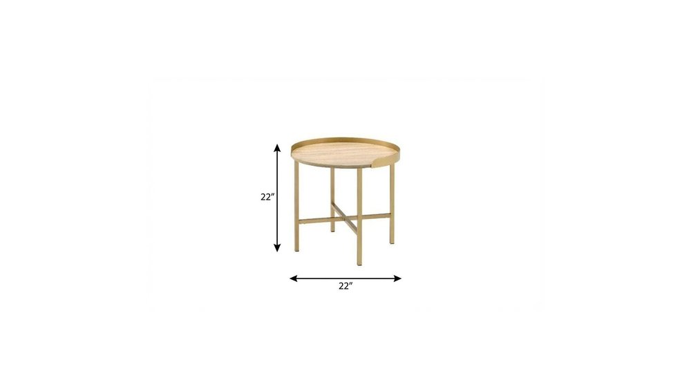 22" Oak And Gold Wood And Iron Round Sled End Table
