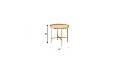 22" Oak And Gold Wood And Iron Round Sled End Table