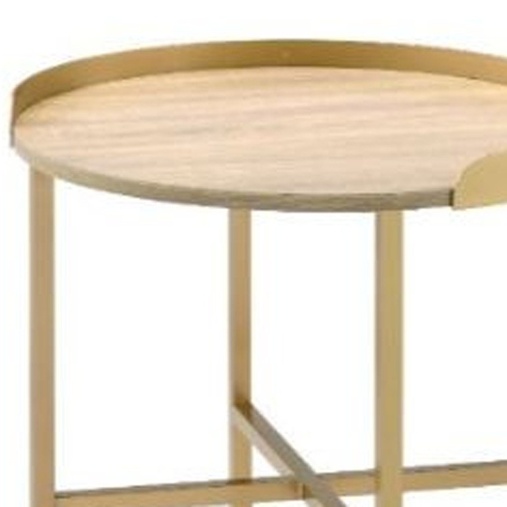 22" Oak And Gold Wood And Iron Round Sled End Table