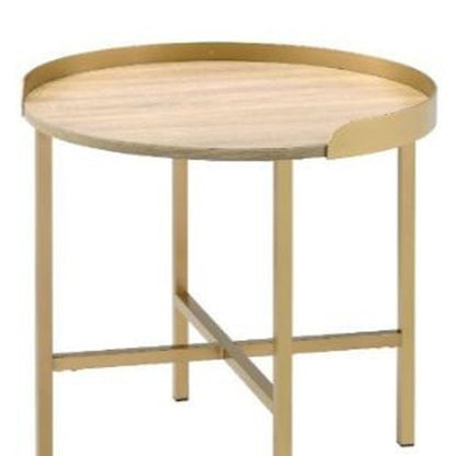 22" Oak And Gold Wood And Iron Round Sled End Table