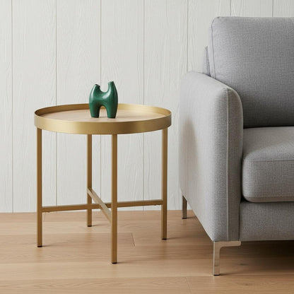 22" Oak And Gold Wood And Iron Round Sled End Table