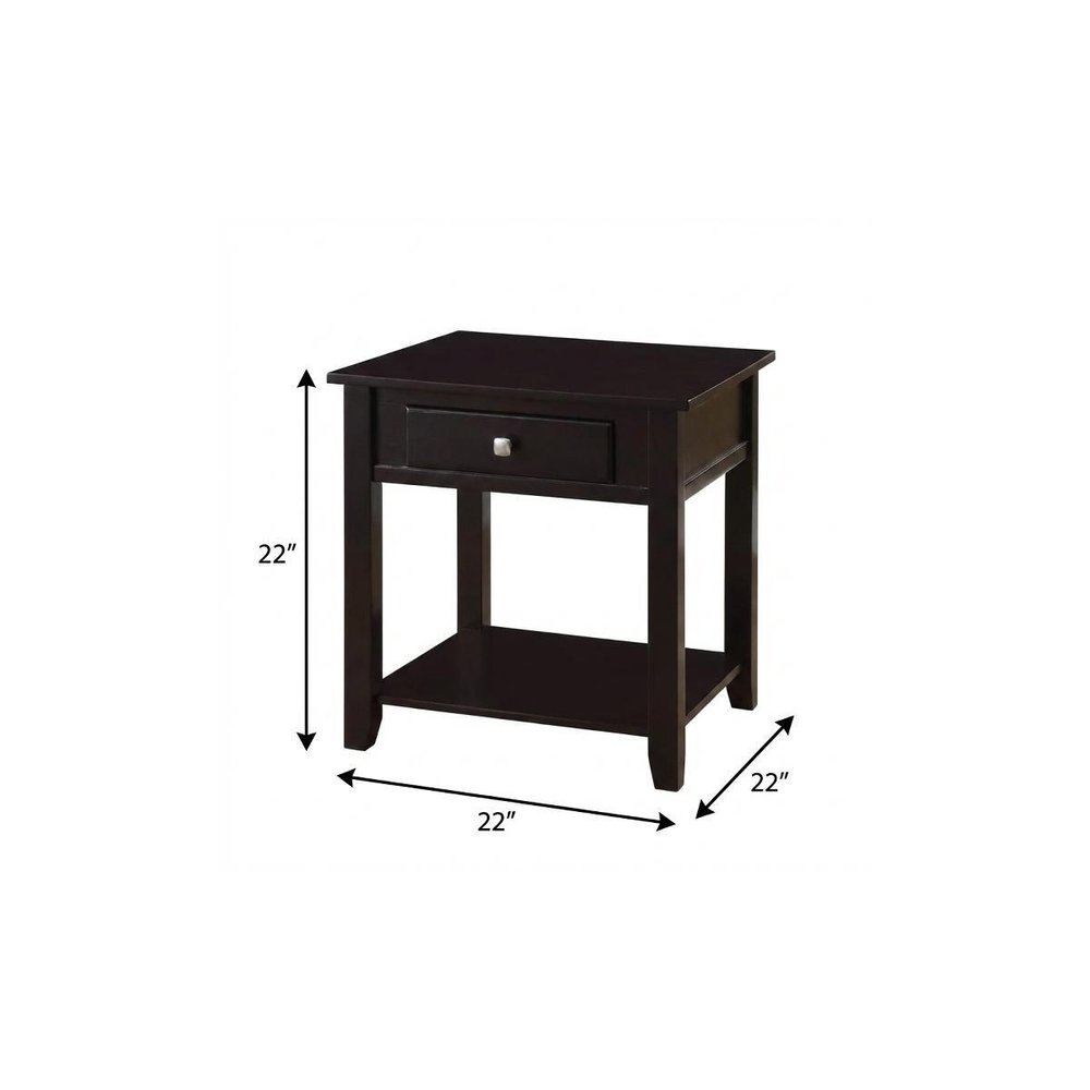22" Black Wood Square End Table With Drawer And Shelf