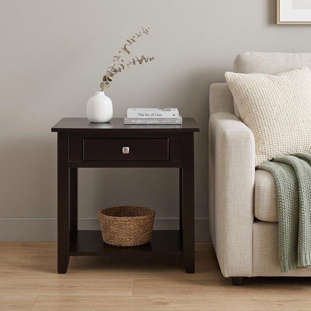 22" Black Wood Square End Table With Drawer And Shelf