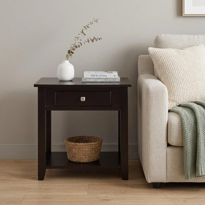 22" Black Wood Square End Table With Drawer And Shelf