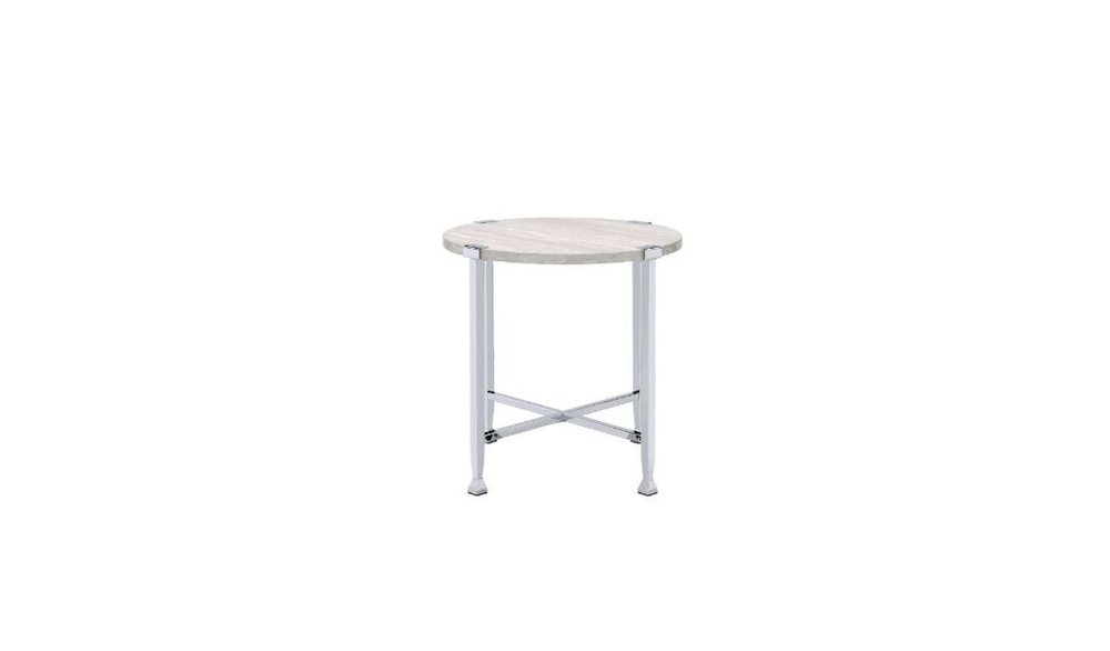 24" White And Silver Wood And Iron Round Cross Legs End Table