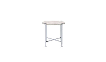 24" White And Silver Wood And Iron Round Cross Legs End Table