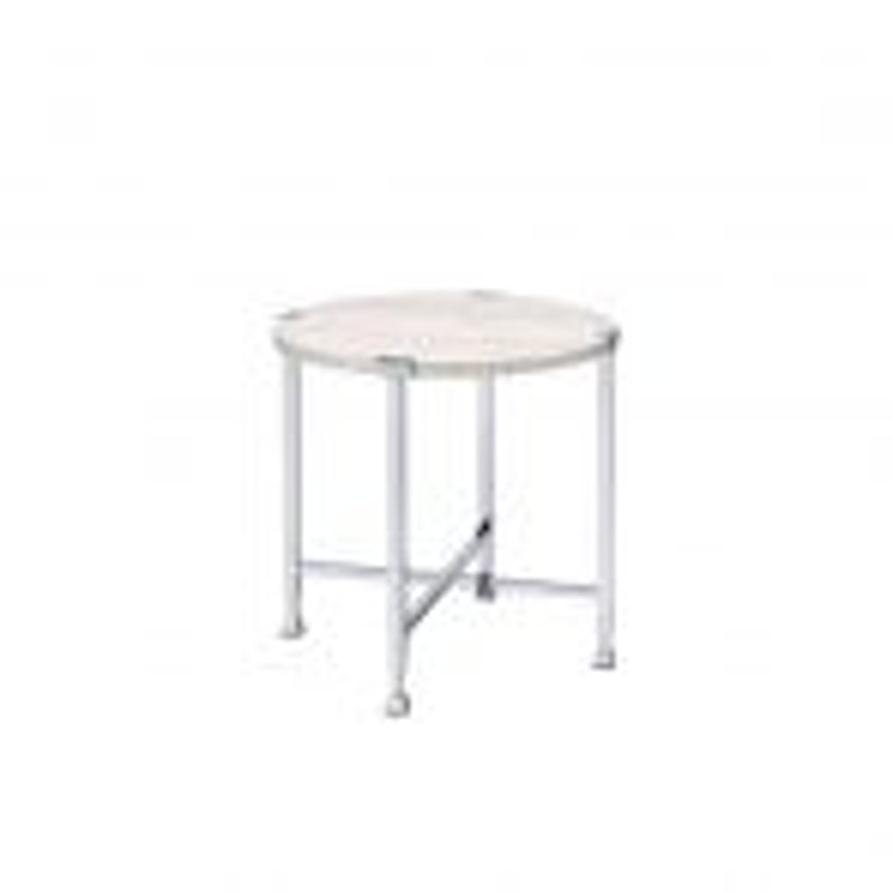 24" White And Silver Wood And Iron Round Cross Legs End Table