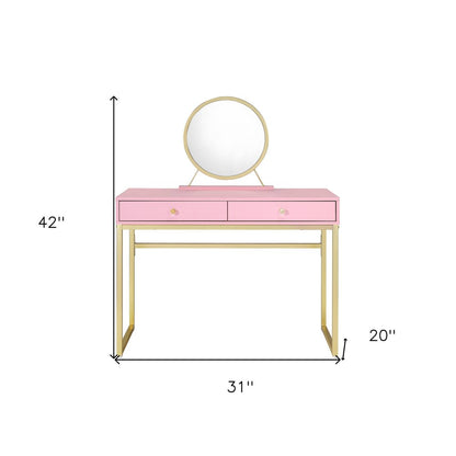 42" Gold And Pink Wood Vanity Table With Mirror And Two Drawers