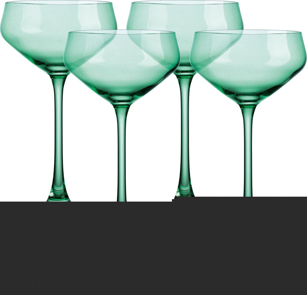 Set of Four Green Crystal Shallow Bowl Stemmed Coupe