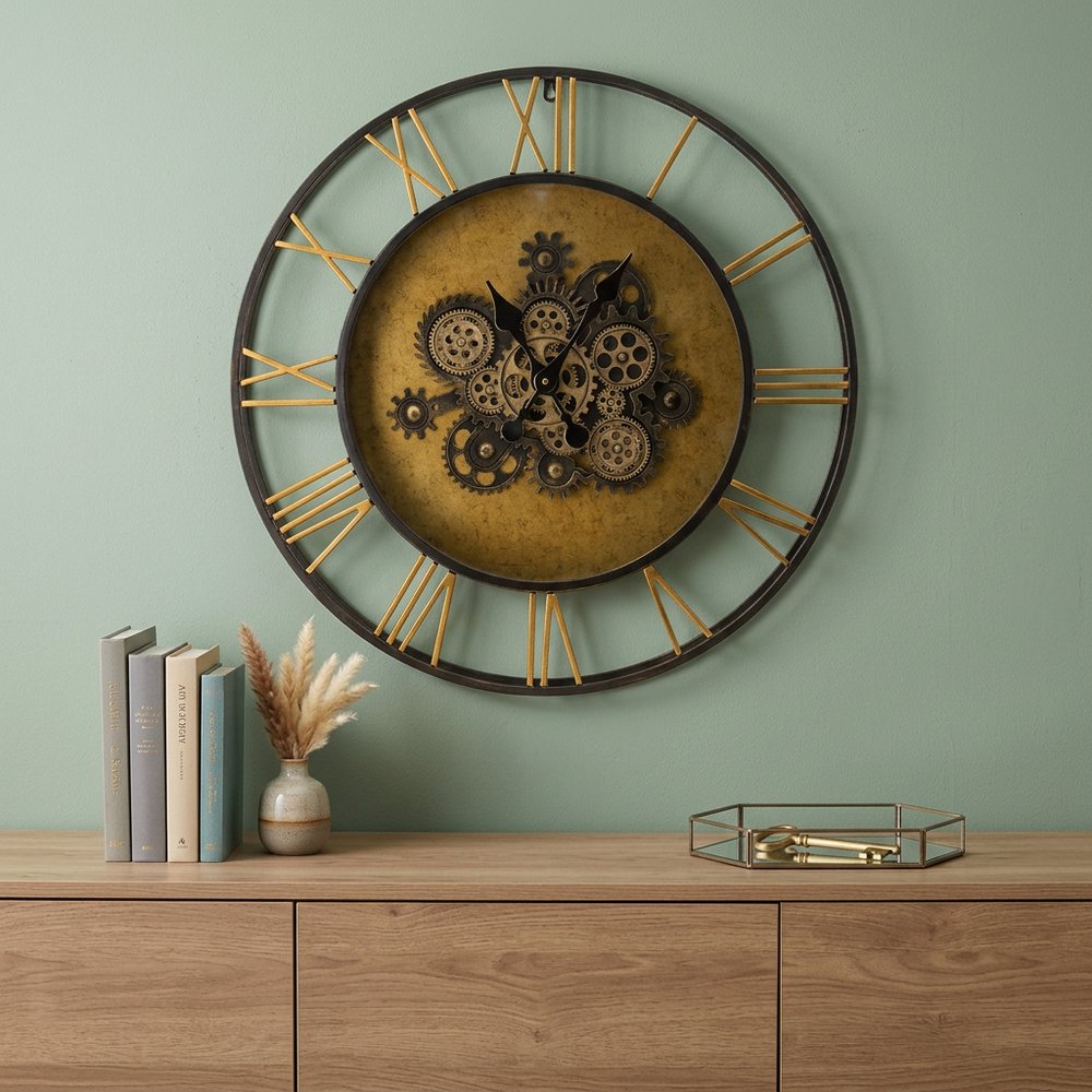 28" Circle Copper Metal and Glass Analog Exposed Gear Wall Clock