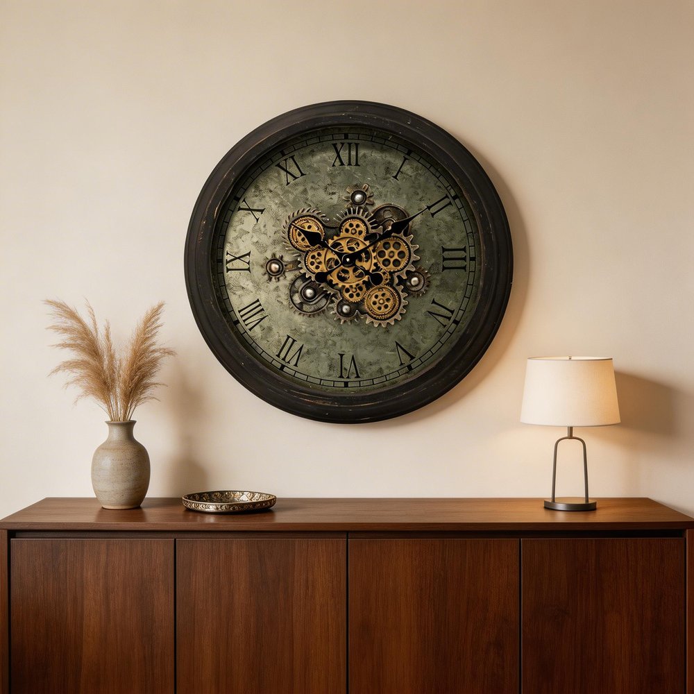 28" Circle Black and Gray Wood and Glass Analog Exposed Gear Wall Clock